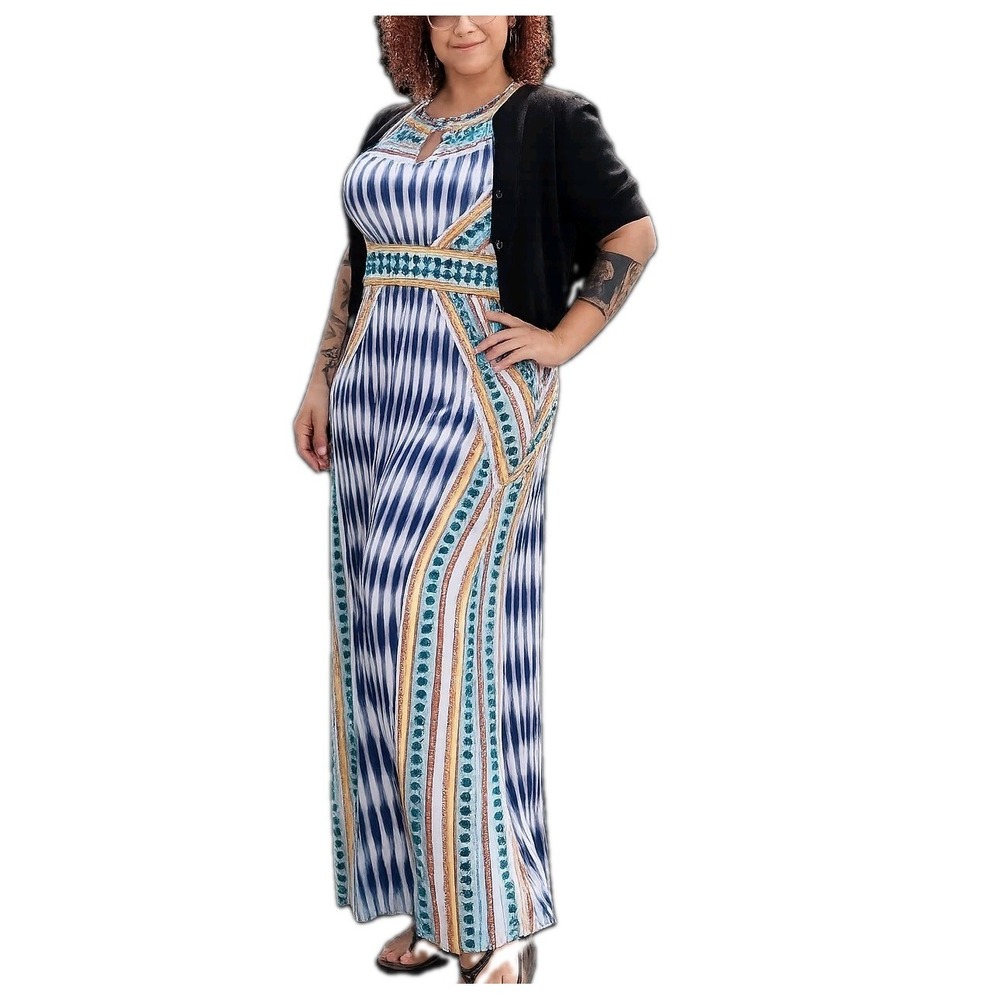 Resort Boho‎ Geometric Maxi Dress London Times Coastal Vacation Women's 12